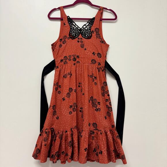 Free People Boho Floral Dress Rust Orange Lace Neckline Ruffle Hem Sz S - Picture 3 of 9